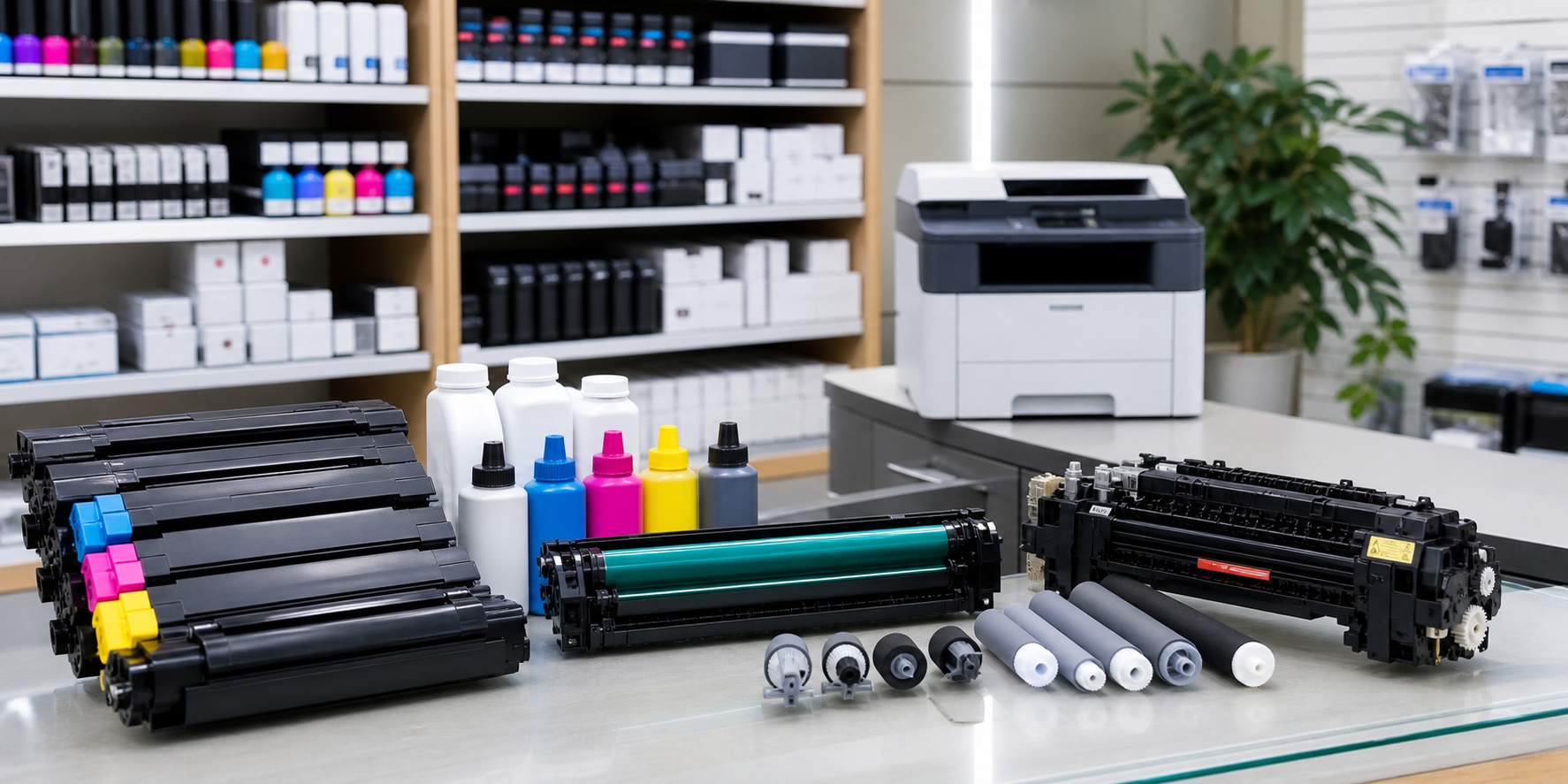 Printer consumables and spare parts displayed for office printer maintenance