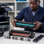Technician replacing toner and printer components for office printer maintenance