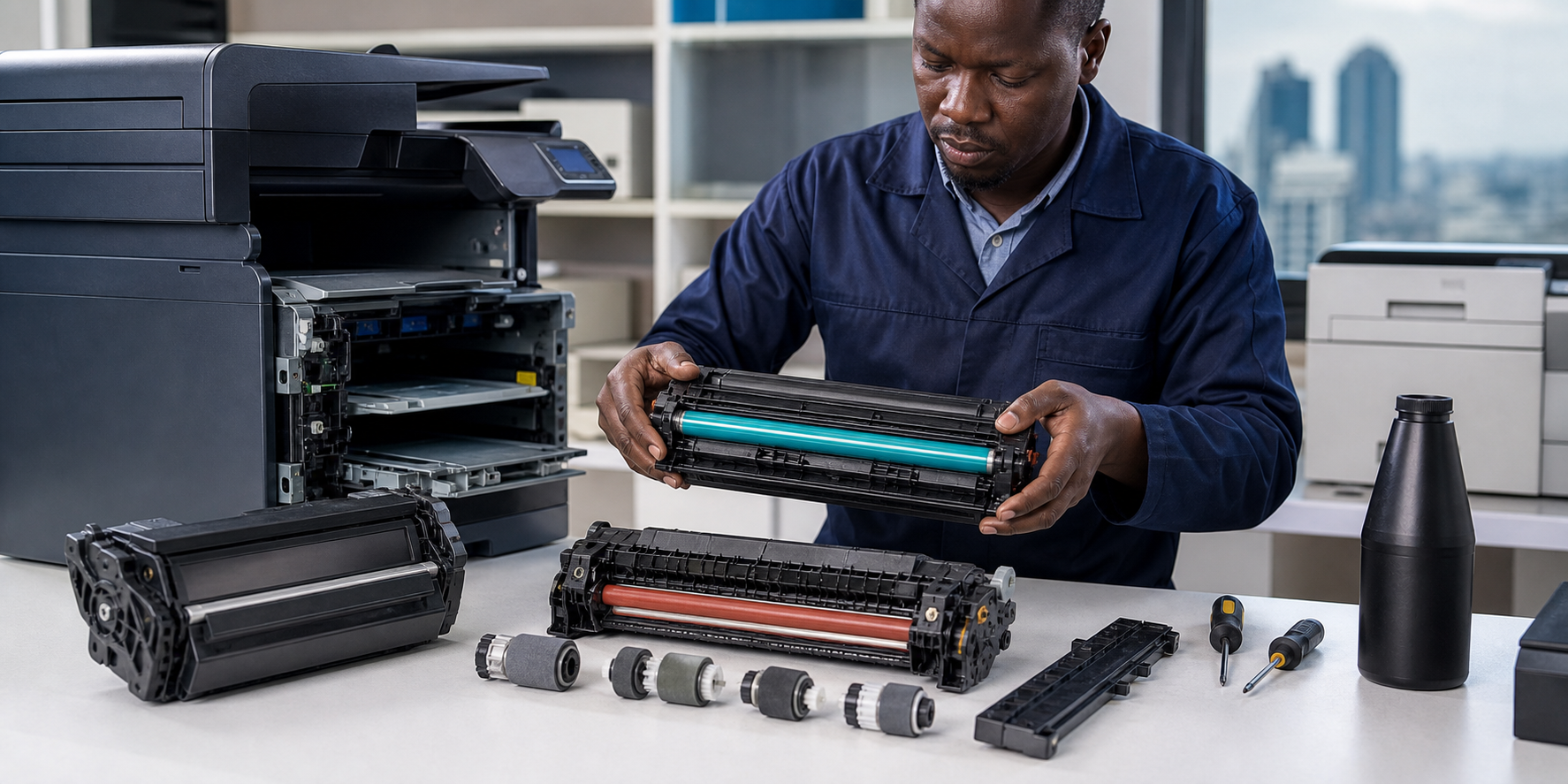 Technician replacing toner and printer components for office printer maintenance
