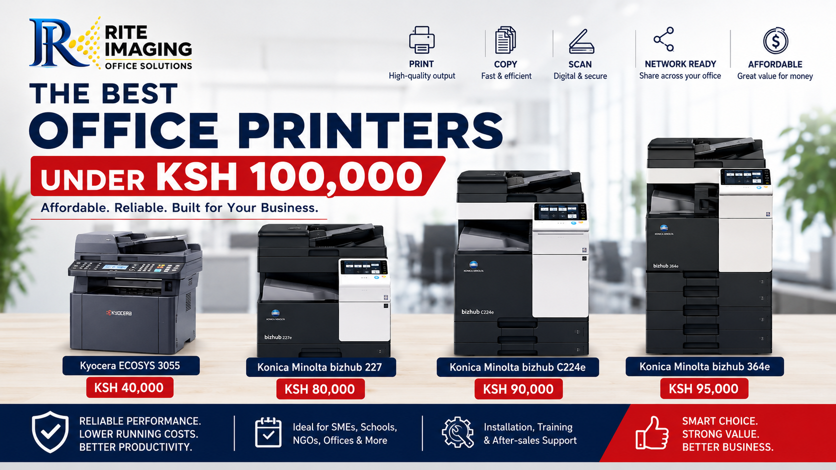 Best office printers in Kenya under KSh 100,000 including Konica Minolta and Kyocera multifunction printers